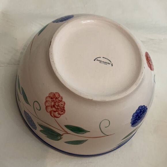 Ceramic Bowl Blue Pink Flowers 8 Cups Or 64 Ounces Large Serving Hand Painted - Picture 4 of 6
